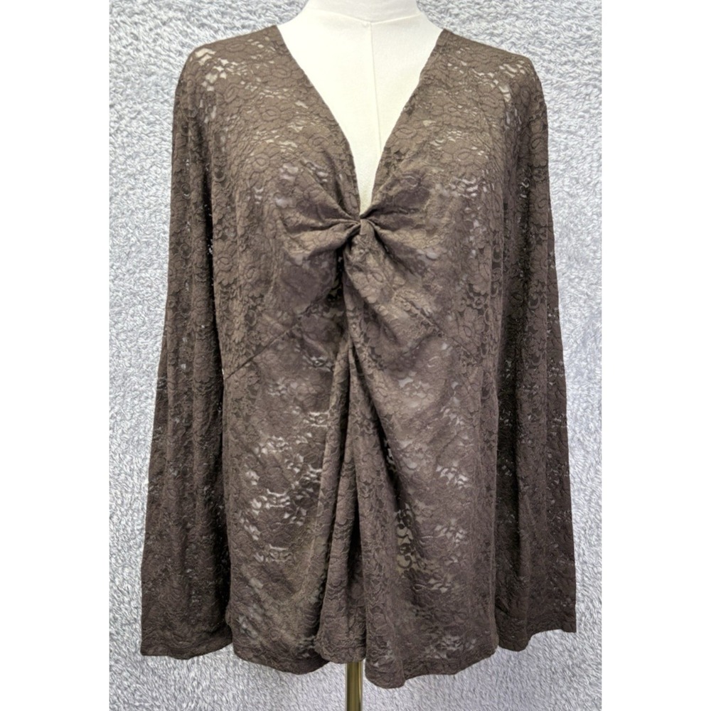 Josephine Chaus Women 2X Brown Lace Top Sheer V Neck Romantic Coquette Whimsigot